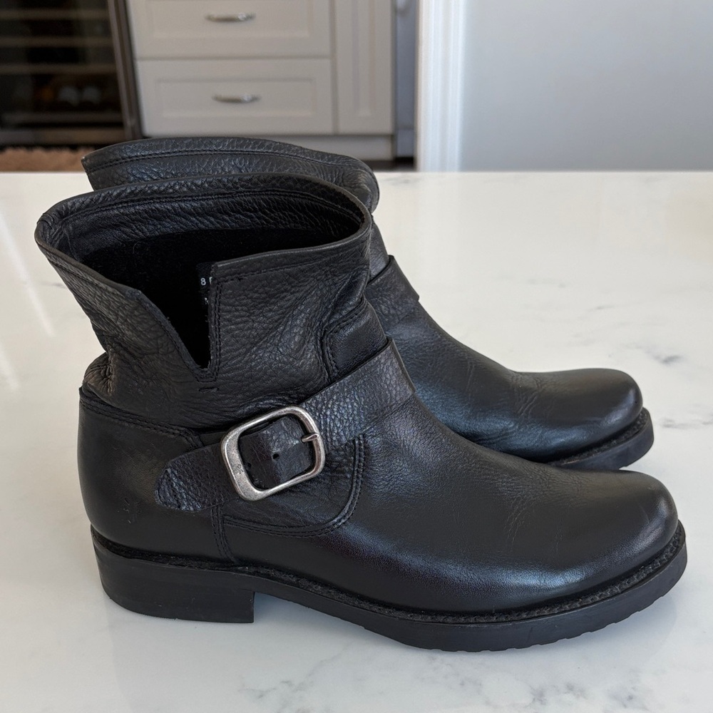 Frye Veronica Flex Bootie Black Leather Ankle Boots with Silver Buckle
